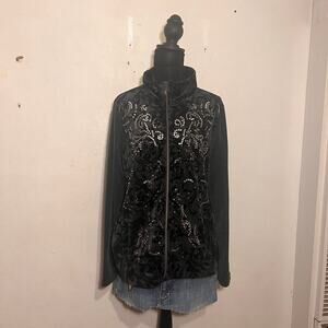 Emo grunge Onque Casual long black sleeve zip up jacket with silver sequins